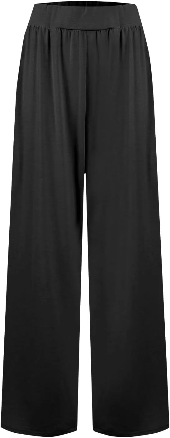 GOFULY Pants for Women Beach Elastic Waist Drawstring Sumemr Pants Straight Wide Leg High Waisted Pockets Soft Slacks Clothes