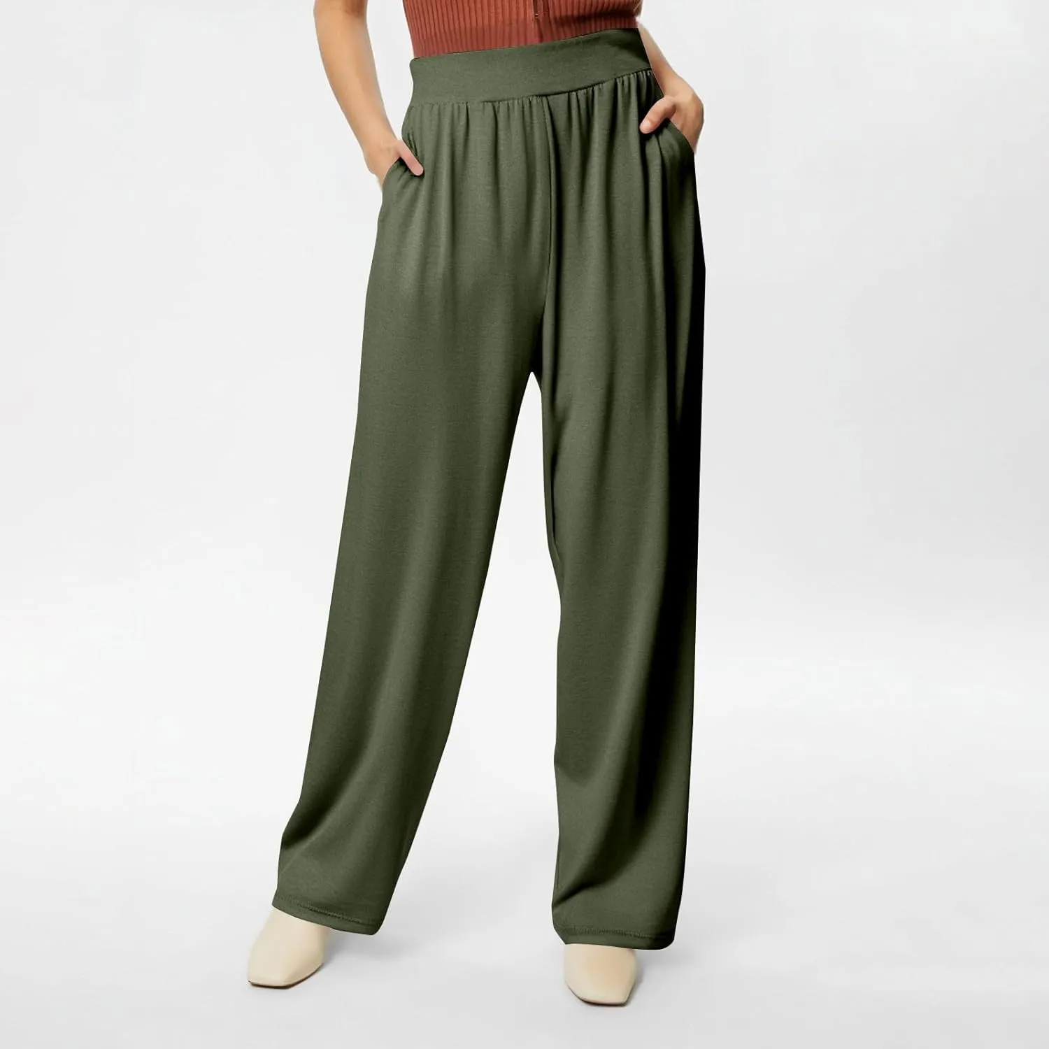 GOFULY Pants for Women Beach Elastic Waist Drawstring Sumemr Pants Straight Wide Leg High Waisted Pockets Soft Slacks Clothes