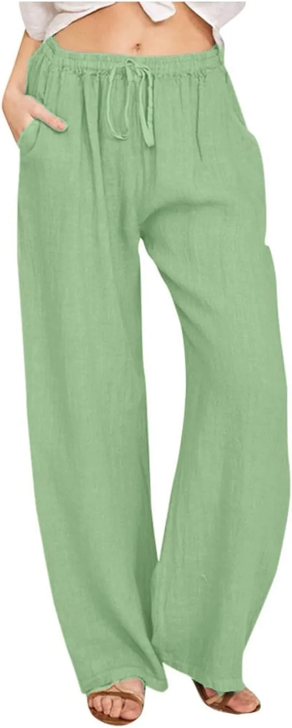 GOFULY Pants for Women Casual Straight Wide Leg High Waisted Pants Elastic Waist Drawstring Sumemr 2025 Trousers with Pockets