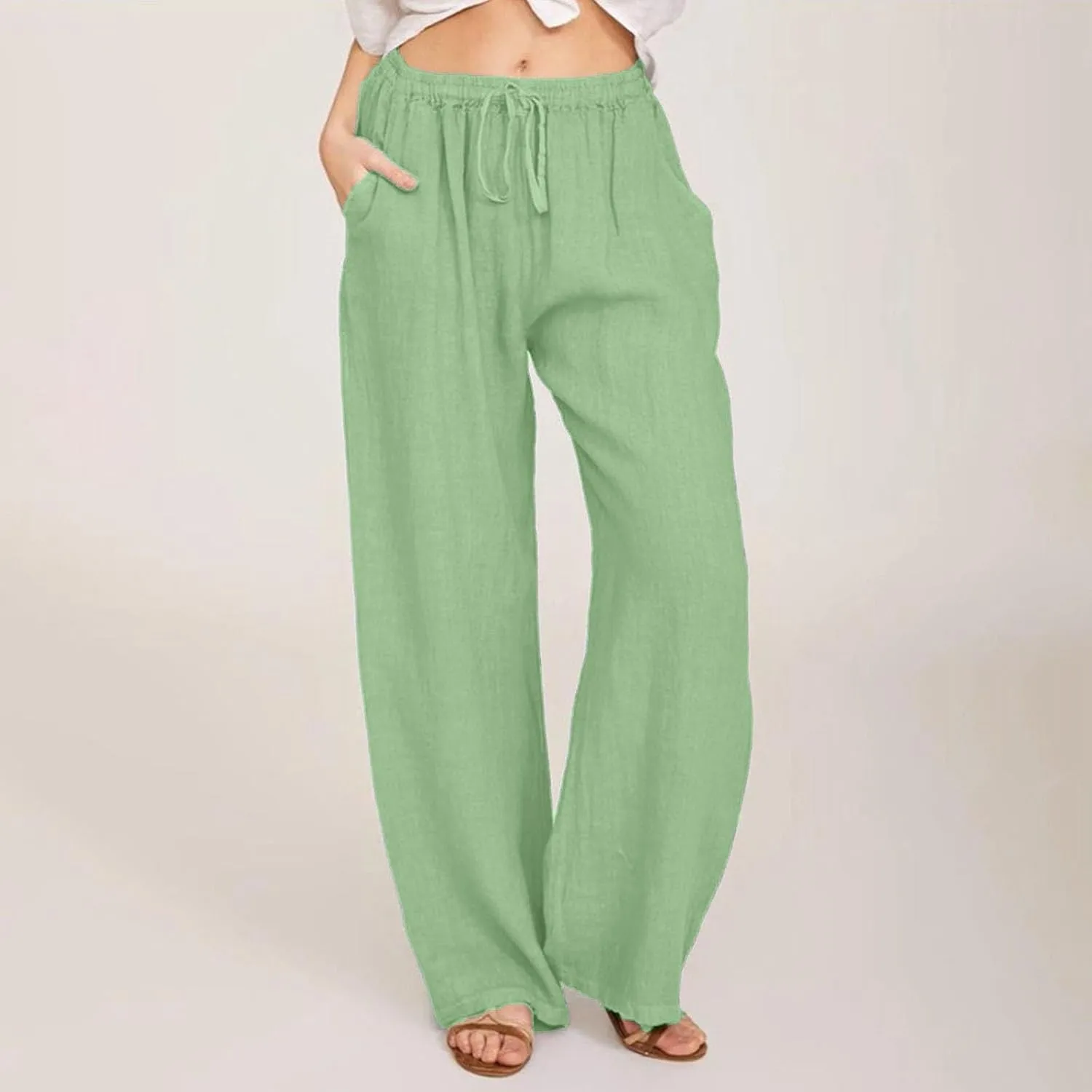 GOFULY Pants for Women Casual Straight Wide Leg High Waisted Pants Elastic Waist Drawstring Sumemr 2025 Trousers with Pockets