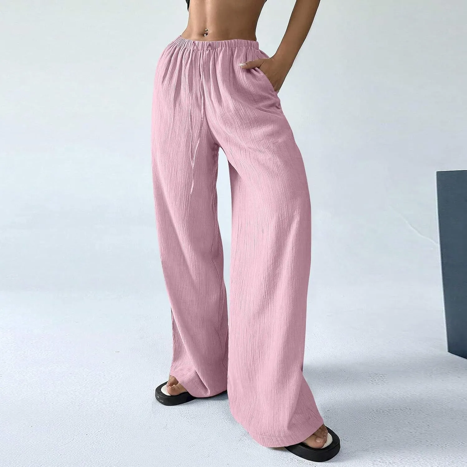 GOFULY Womens Pants Beach Straight Wide Leg High Waisted Sumemr Casual Pants Elastic Waist Drawstring Trousers with Pockets