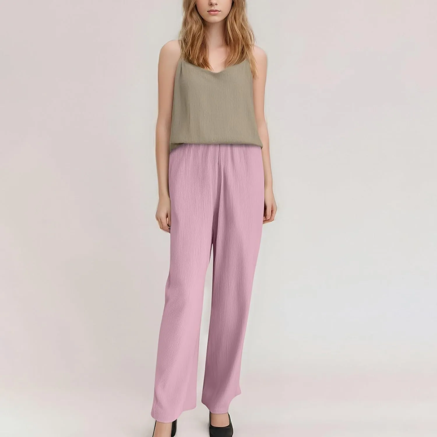GOFULY Womens Pants Beach Straight Wide Leg High Waisted Sumemr Casual Pants Elastic Waist Drawstring Trousers with Pockets