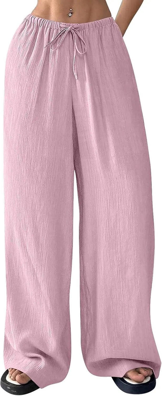 GOFULY Womens Pants Beach Straight Wide Leg High Waisted Sumemr Casual Pants Elastic Waist Drawstring Trousers with Pockets