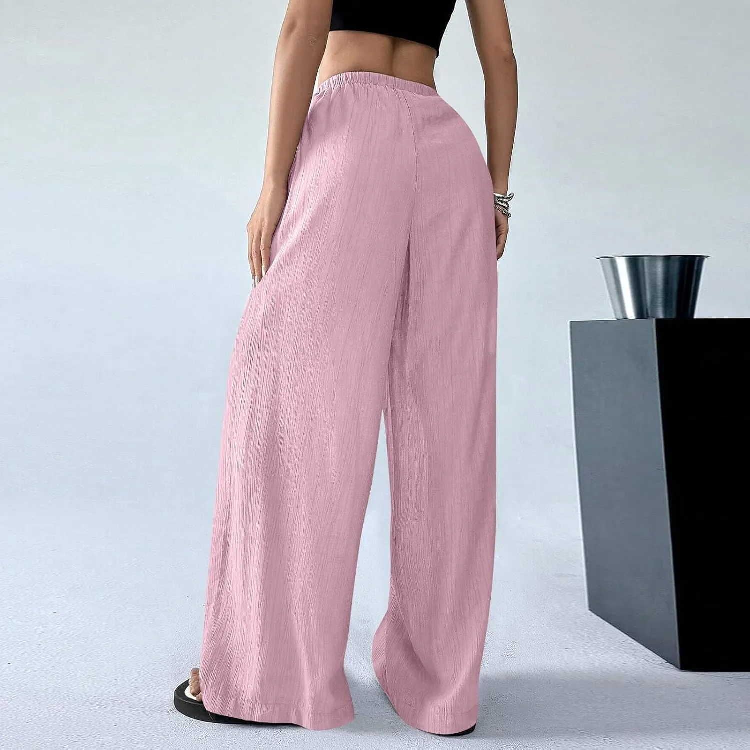 GOFULY Womens Pants Beach Straight Wide Leg High Waisted Sumemr Casual Pants Elastic Waist Drawstring Trousers with Pockets