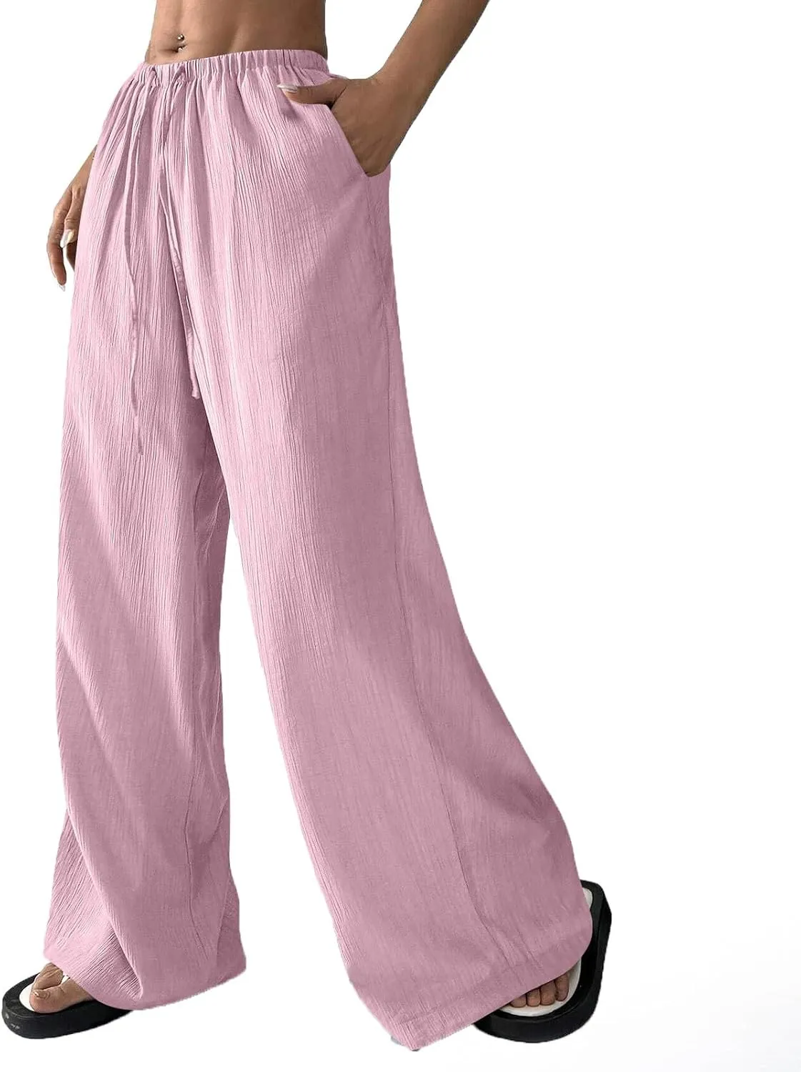 GOFULY Womens Pants Beach Straight Wide Leg High Waisted Sumemr Casual Pants Elastic Waist Drawstring Trousers with Pockets