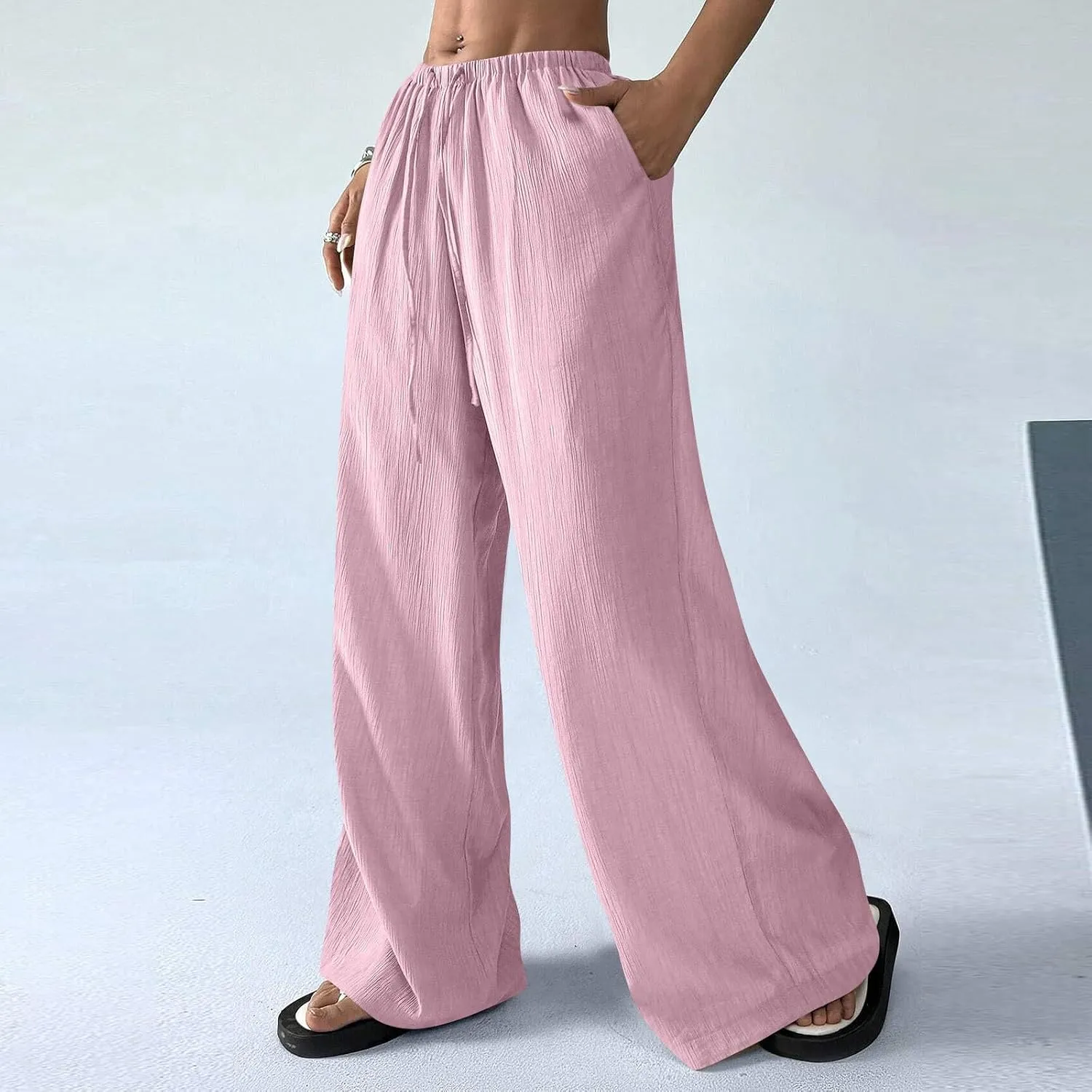 GOFULY Womens Pants Beach Straight Wide Leg High Waisted Sumemr Casual Pants Elastic Waist Drawstring Trousers with Pockets