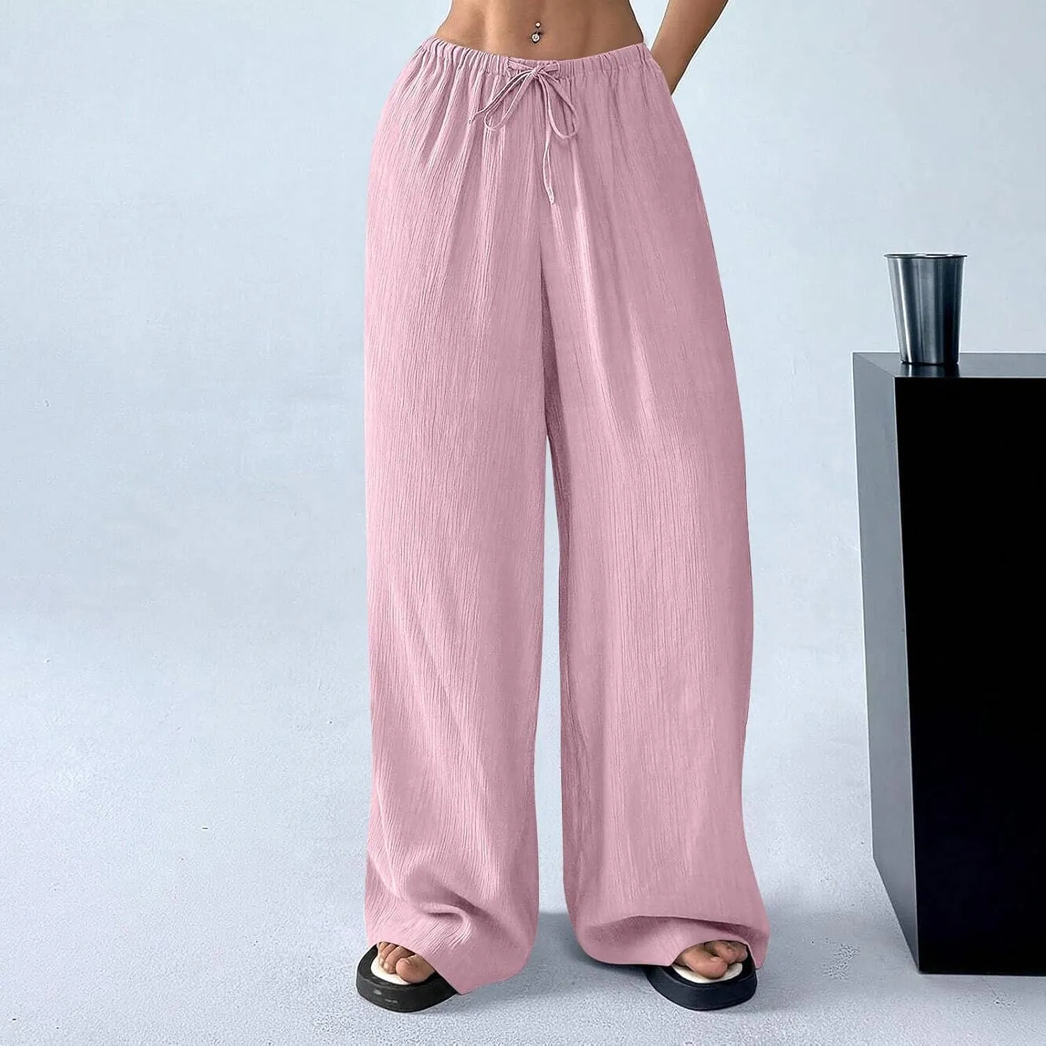 GOFULY Womens Pants Beach Straight Wide Leg High Waisted Sumemr Casual Pants Elastic Waist Drawstring Trousers with Pockets