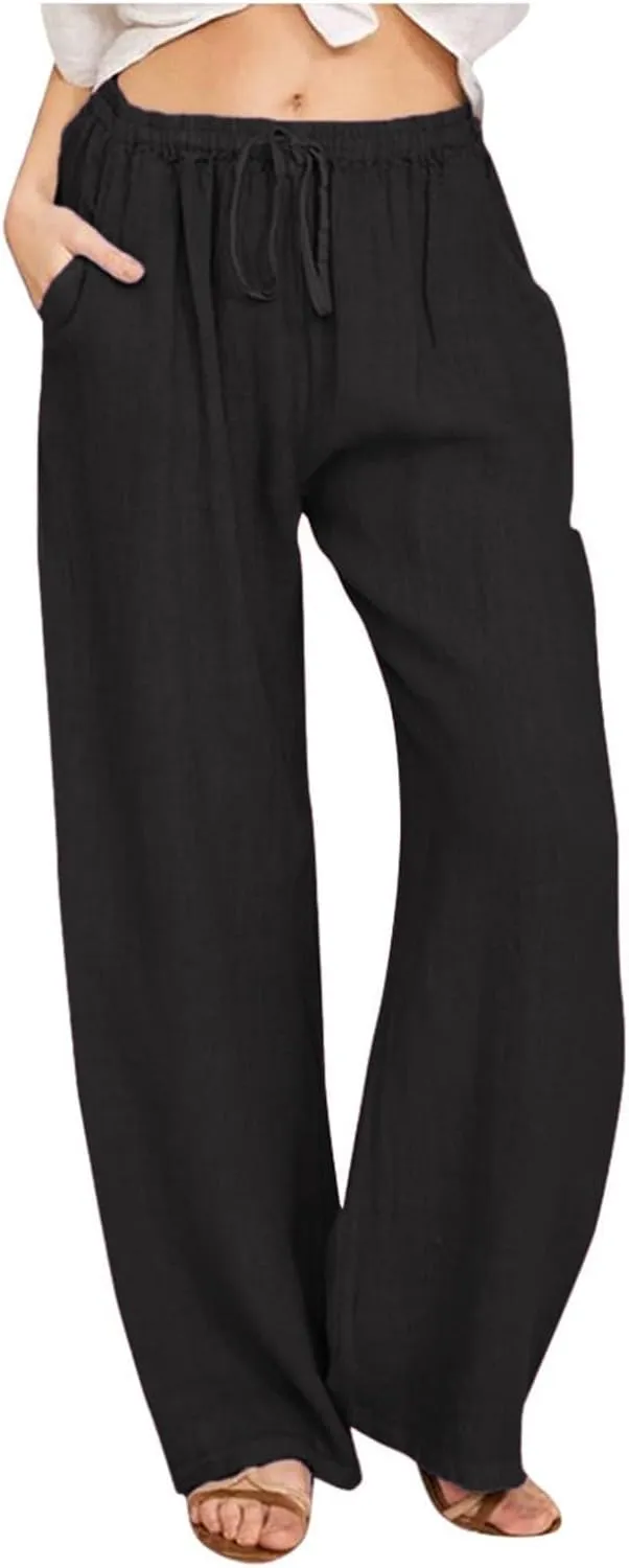 GOFULY Women's Pants Casual Elastic Waist Drawstring Sumemr Pants Straight Wide Leg High Waisted with Pockets Comfy Trousers