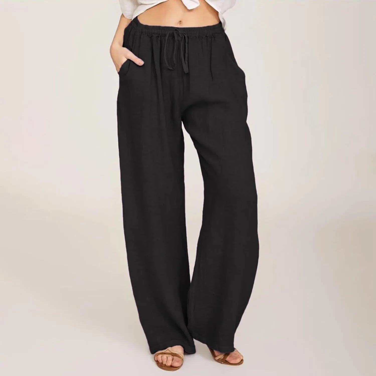 GOFULY Women's Pants Casual Elastic Waist Drawstring Sumemr Pants Straight Wide Leg High Waisted with Pockets Comfy Trousers