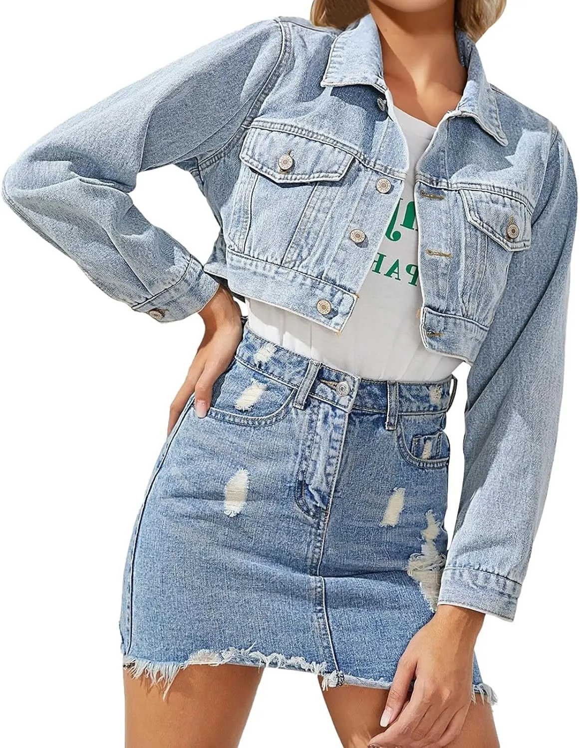 GOKKILRW Crop Denim Jacket for Women Distressed Washed Jean Coats Cropped Button Down Retro Western Trucker Jacket Pockets