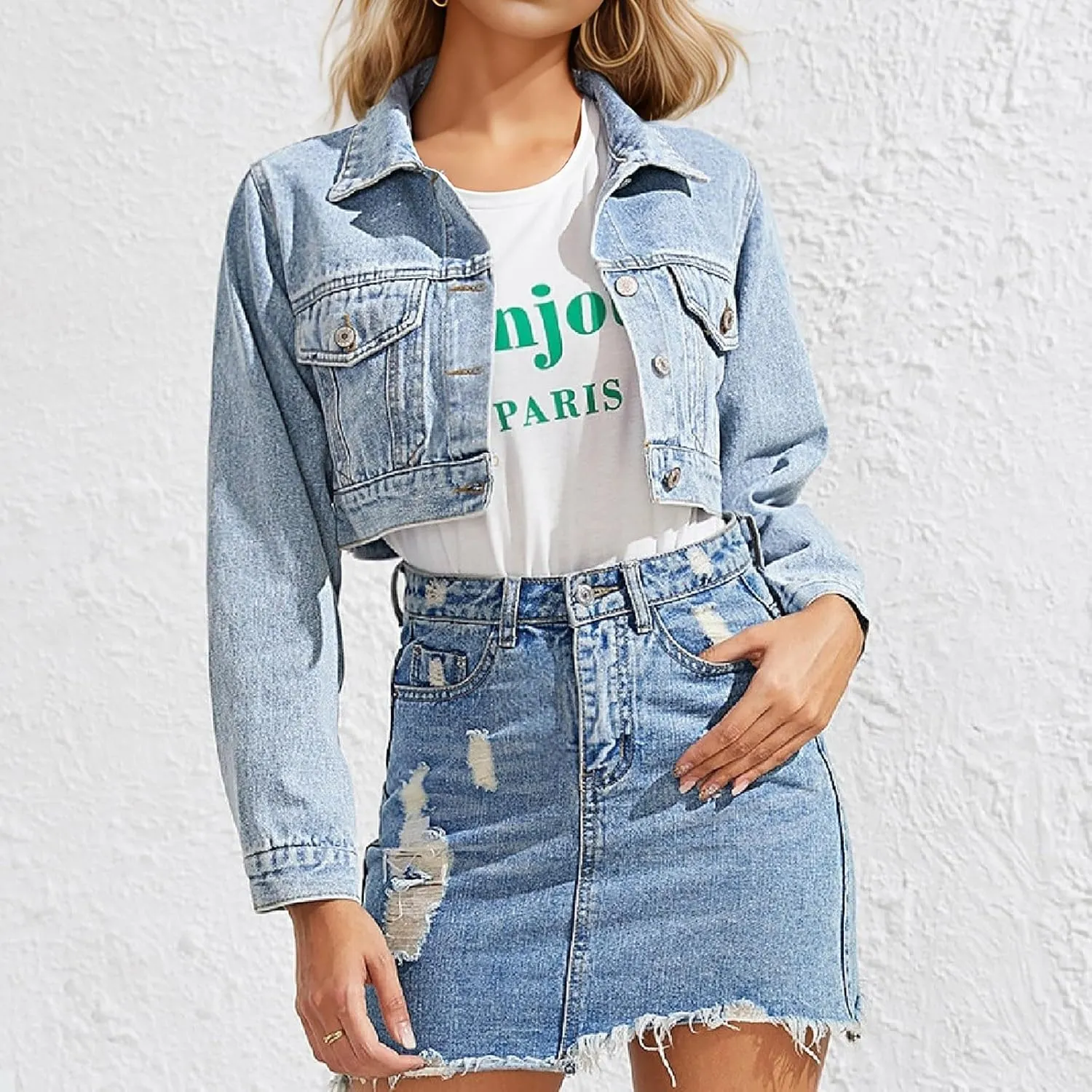 GOKKILRW Crop Denim Jacket for Women Distressed Washed Jean Coats Cropped Button Down Retro Western Trucker Jacket Pockets