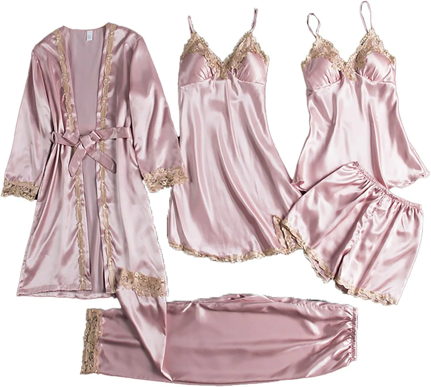 GOKKILRW Womens 5 Piece Satin Pajama Set Lace Camisole Nightgown with Shorts Pants Robe Sleepwear Sexy Lingerie Nightwear