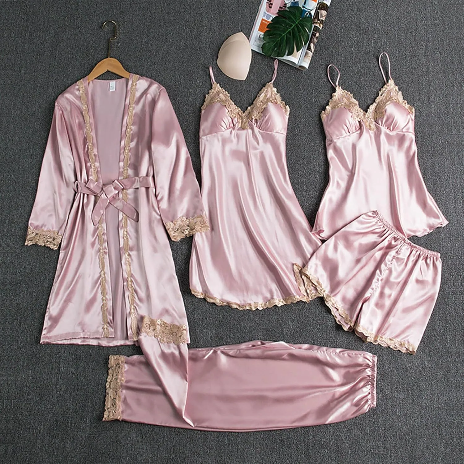 GOKKILRW Womens 5 Piece Satin Pajama Set Lace Camisole Nightgown with Shorts Pants Robe Sleepwear Sexy Lingerie Nightwear