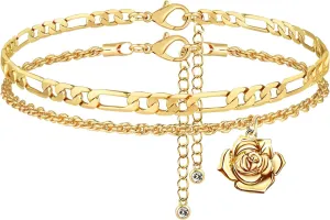 Gold Anklets Bracelets for Women Waterproof 14K Retro Coin Initial Bracelets Layered Ankle Adjustable Handmade Cuban Chain Anklet Bracelet