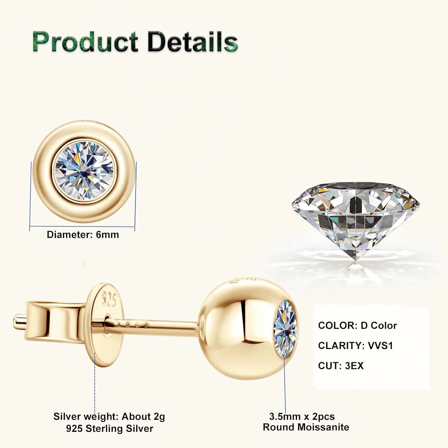 Gold Ball Moissanite Stud Earrings D Color VVS1 Clarity 925 Sterling Silver Trendy Ball Stud Earrings for Women or Men