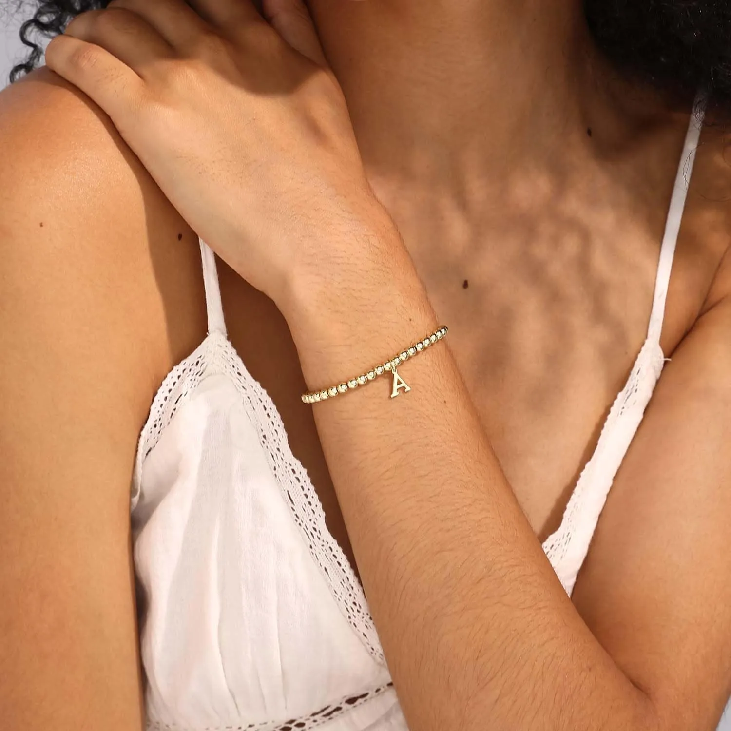 Gold Bracelets for Women Dainty 14K Gold Plated Charm Bracelet Beaded Bracelets for Women Gold Initial Stretch Bead Bracelet Elastic Bracelet for Women Trendy Gift