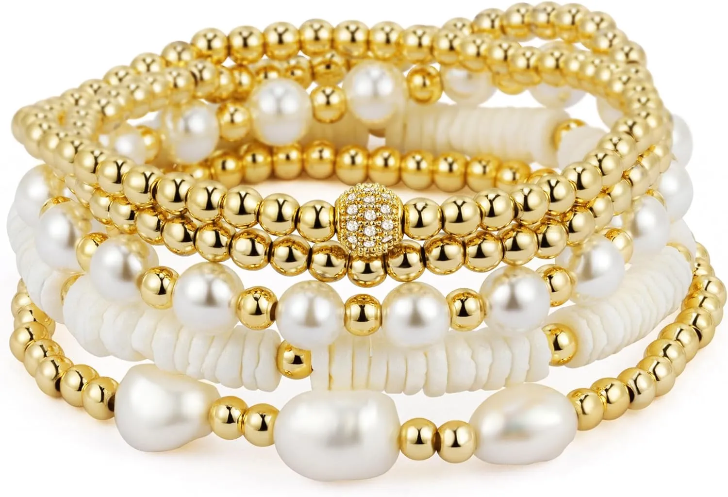 Gold Bracelets for Women Gold Bracelet Stack Pearl Beaded Bracelets for Women 14K Gold Plated Stretch Bead Ball Bracelet Sets Jewelry for Mother's Day Birthday Gifts