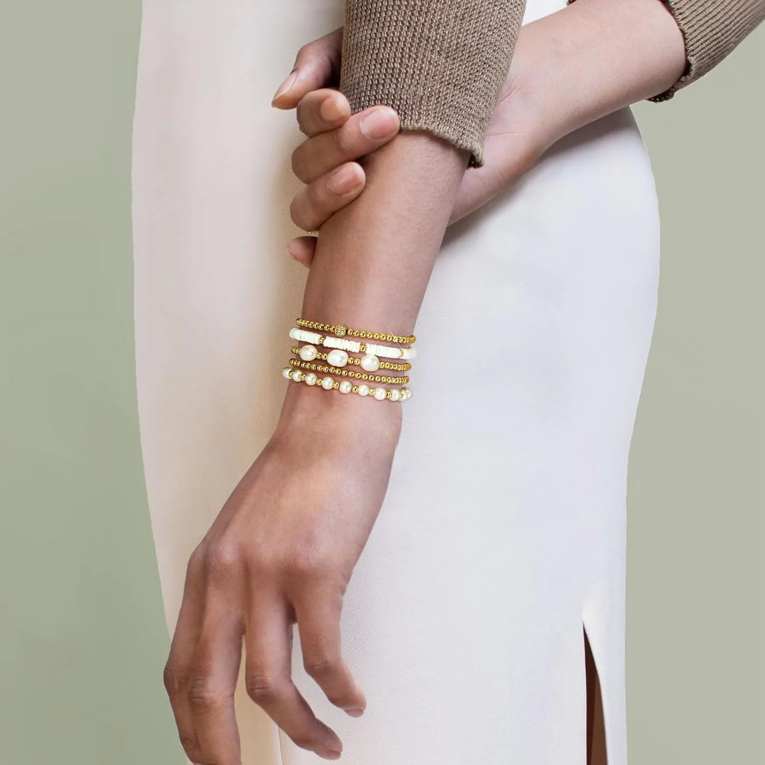 Gold Bracelets for Women Gold Bracelet Stack Pearl Beaded Bracelets for Women 14K Gold Plated Stretch Bead Ball Bracelet Sets Jewelry for Mother's Day Birthday Gifts