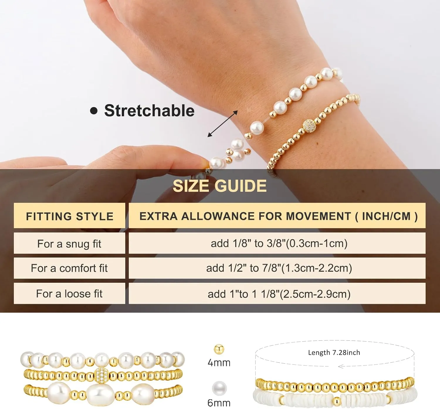 Gold Bracelets for Women Gold Bracelet Stack Pearl Beaded Bracelets for Women 14K Gold Plated Stretch Bead Ball Bracelet Sets Jewelry for Mother's Day Birthday Gifts