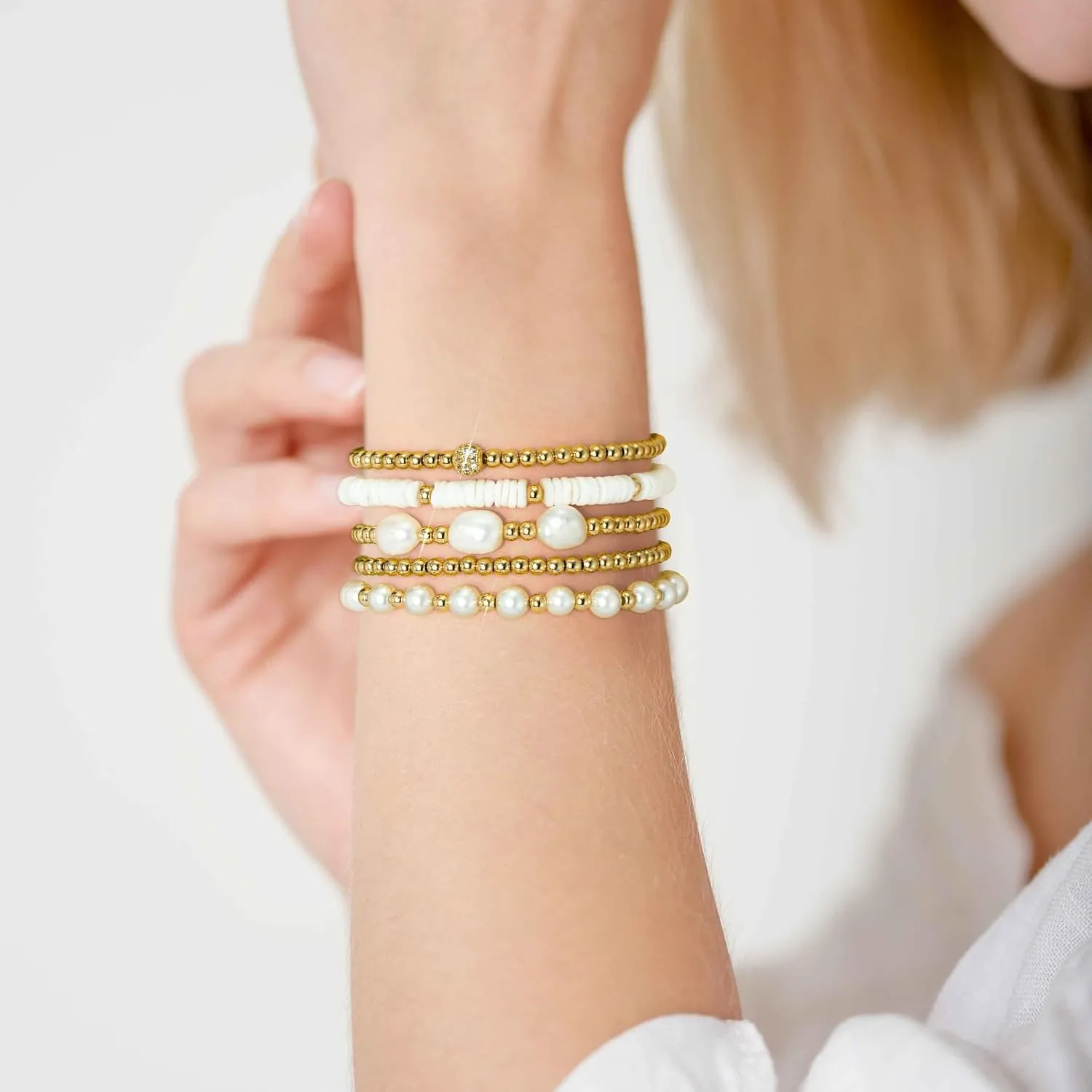 Gold Bracelets for Women Gold Bracelet Stack Pearl Beaded Bracelets for Women 14K Gold Plated Stretch Bead Ball Bracelet Sets Jewelry for Mother's Day Birthday Gifts