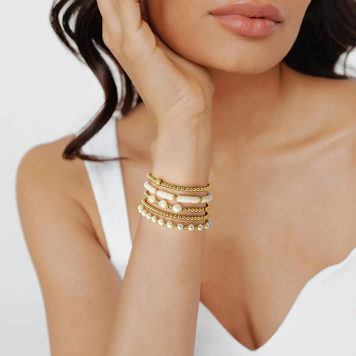 Gold Bracelets for Women Gold Bracelet Stack Pearl Beaded Bracelets for Women 14K Gold Plated Stretch Bead Ball Bracelet Sets Jewelry for Mother's Day Birthday Gifts