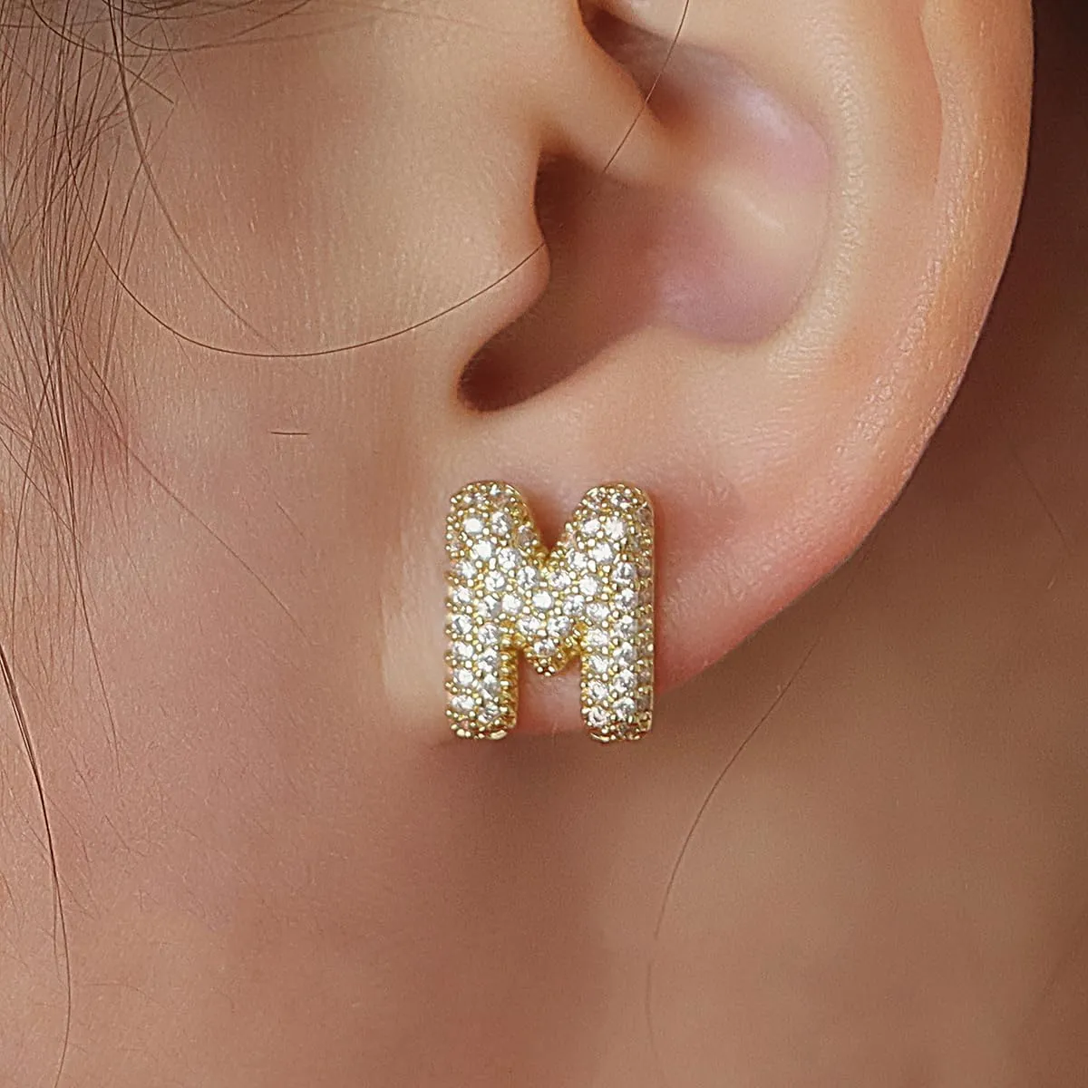 Gold Bubble Initial Letter Stud Earrings for Women Cubic Zirconia Minimalist Alphabet Number Earrings Initial Gifts Jewelry for Women
