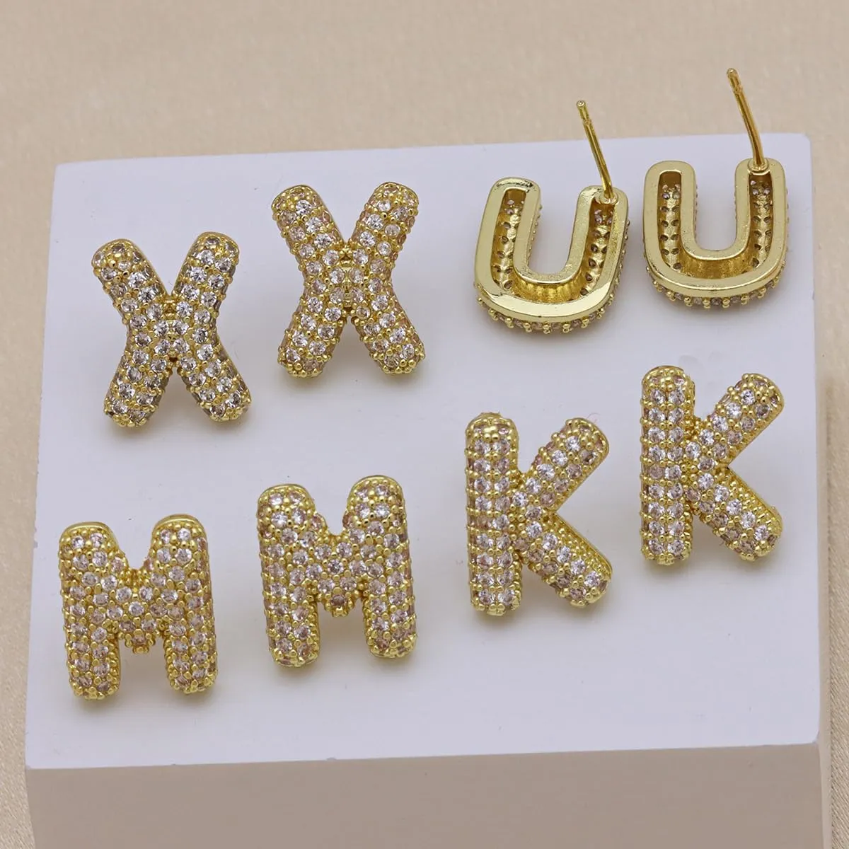 Gold Bubble Initial Letter Stud Earrings for Women Cubic Zirconia Minimalist Alphabet Number Earrings Initial Gifts Jewelry for Women