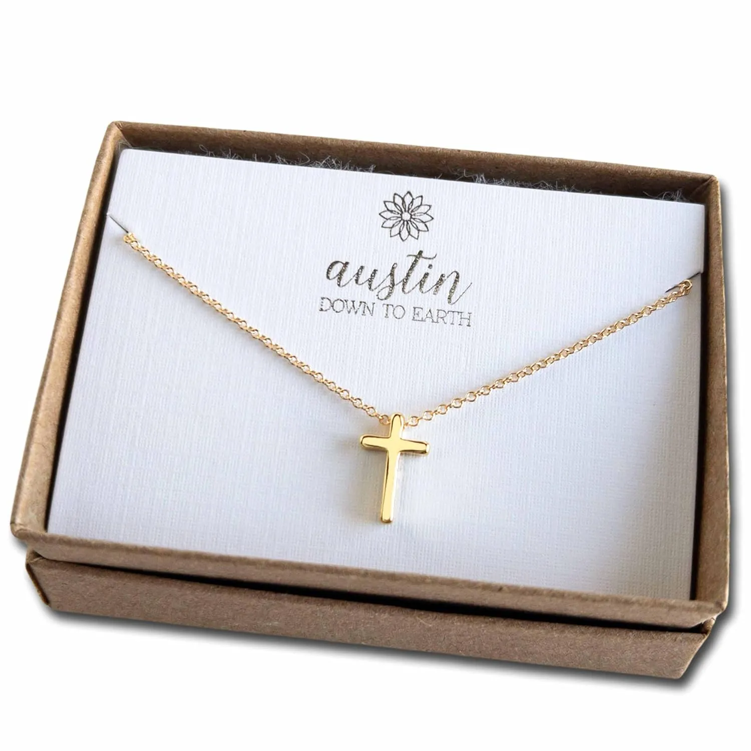 Gold Cross Necklaces for Women, 14k Gold Filled Chain, Dainty Tiny Small Pendant, Austin Down to Earth, Christian Gift for Baptism Confirmation Graduation (16-18 inches, adjustable)