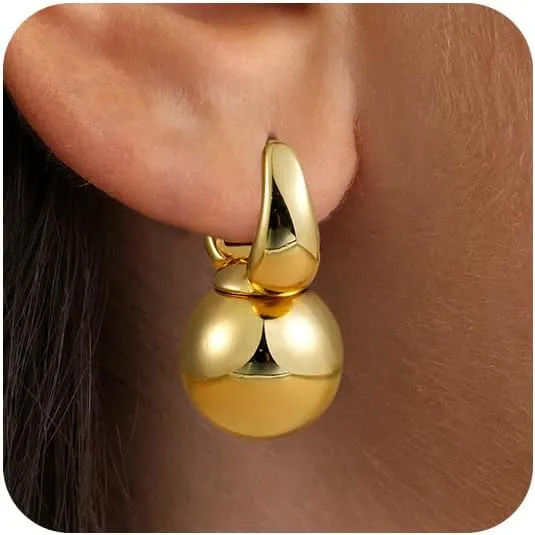 Gold Dangle Earrings for Women Sterling Silver Ball Drop Earrings Hypoallergenic Round Hoop Leverback Lightweight Fashion Jewelry