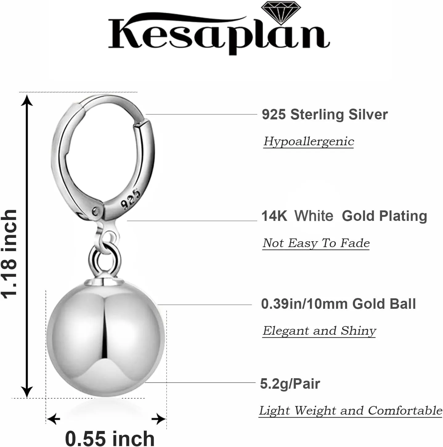 Gold Dangle Earrings for Women Sterling Silver Ball Drop Earrings Hypoallergenic Round Hoop Leverback Lightweight Fashion Jewelry
