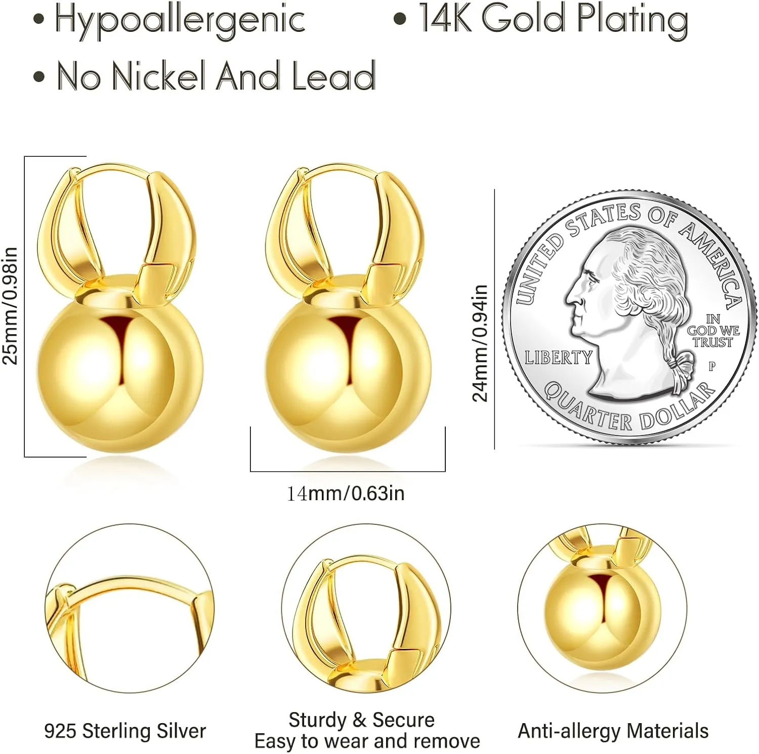 Gold Dangle Earrings for Women Sterling Silver Ball Drop Earrings Hypoallergenic Round Hoop Leverback Lightweight Fashion Jewelry