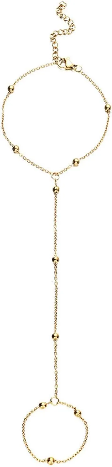 Gold Hand Chain Bracelet for Women,Dainty Gold Plated Pearl Beaded Finger Ring Bracelets,Trendy Slave Bracelet Boho Beach Jewelry Accessories Gifts
