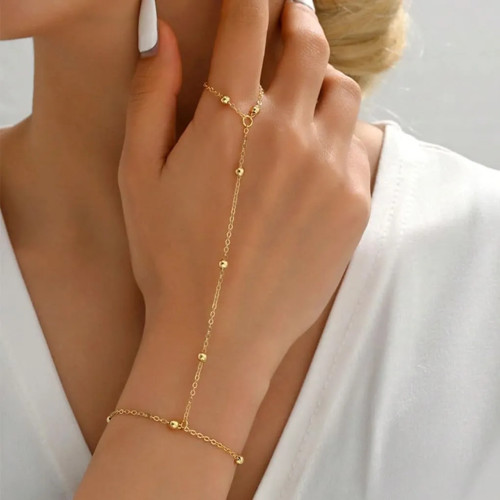 Gold Hand Chain Bracelet for Women,Dainty Gold Plated Pearl Beaded Finger Ring Bracelets,Trendy Slave Bracelet Boho Beach Jewelry Accessories Gifts