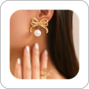 Gold Imitation Pearl Rhinestones Hood Earrings for Women Sparkly Silver Plating Classic Ribbon Bow Stud Drop Dangle Tassels Statement Earrings