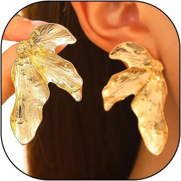 Gold Leaf Dangle Drop Earrings for Women Vintage Silver Hammered Statement Earrings Large Irregular Geometric Earrings Punk Jewelry