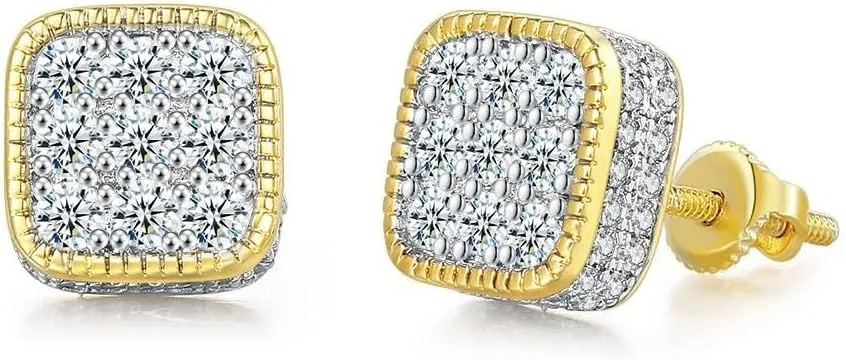 Gold Square Stud Earring, Crystal Earings Zircon Ear Studs Classic Men Hip Hop Jewelry Accessories for Women and Men