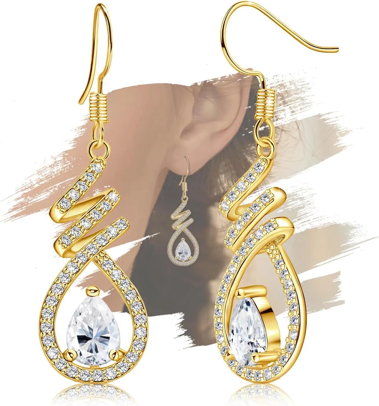 Gold Teardrop Drop Dangle Earrings for Women - Sterling Silver Waterdrop Earrings Spiral Dangle Earrings Hypoallergenic Cubic Zirconia Lightweight Classic Dangling Earrings Gift for Birthday Christmas