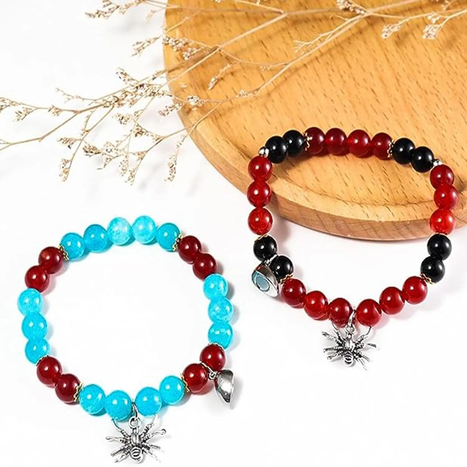 Gothic Handmade 2Pcs Love Heart Mutual Attraction Friendship Couple Spider Pendant Crystal Stone Beads Adjustable Bracelet Halloween Matching Party Jewelry for Women Men
