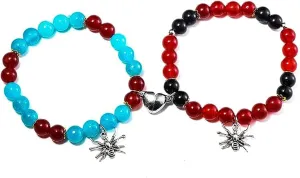 Gothic Handmade 2Pcs Love Heart Mutual Attraction Friendship Couple Spider Pendant Crystal Stone Beads Adjustable Bracelet Halloween Matching Party Jewelry for Women Men