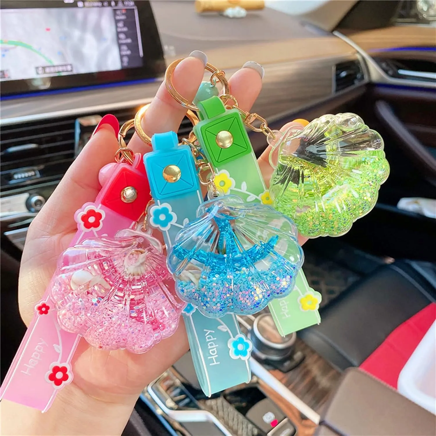 Graceful Conch Keychain, Liquid Quicksand Floating Starfish Handbag Acrylic Accessories Girls Kids Women
