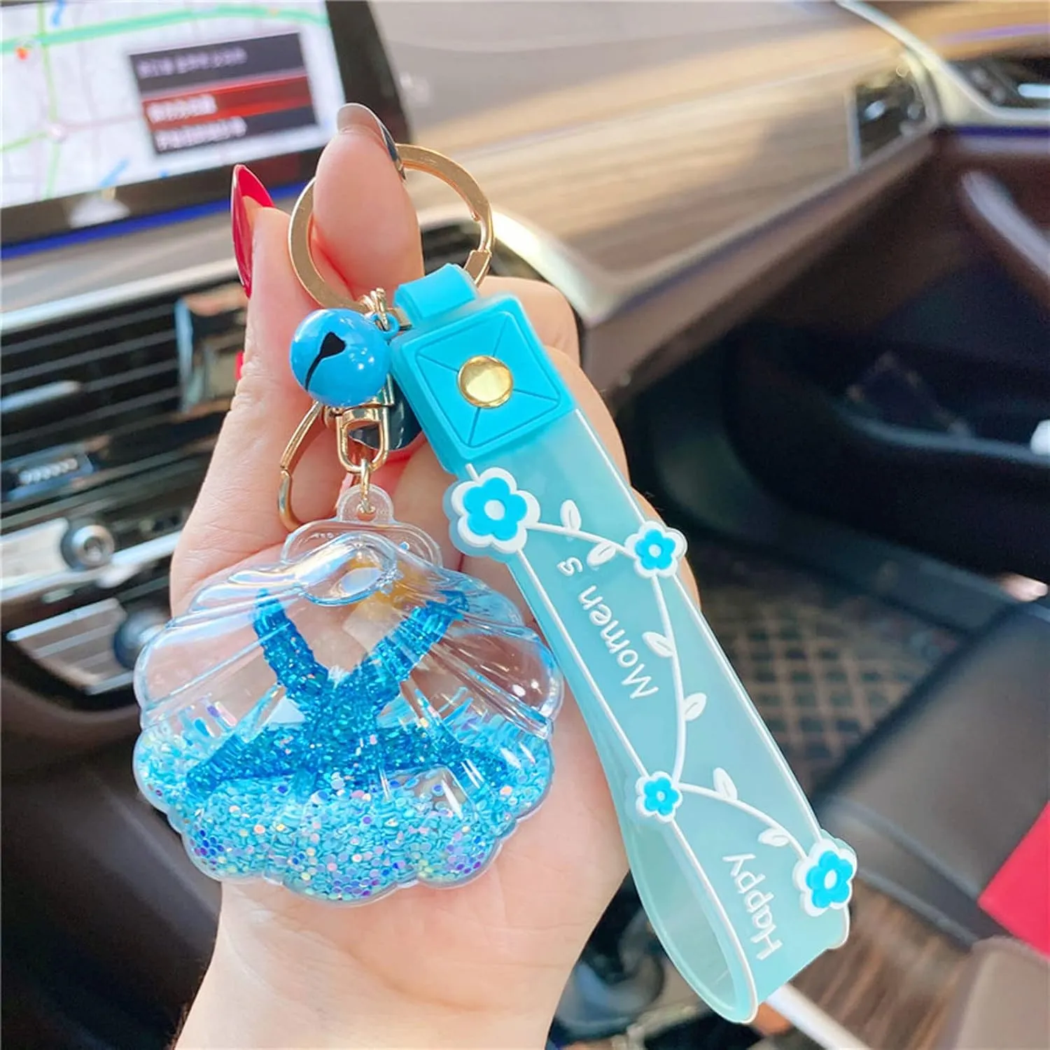 Graceful Conch Keychain, Liquid Quicksand Floating Starfish Handbag Acrylic Accessories Girls Kids Women
