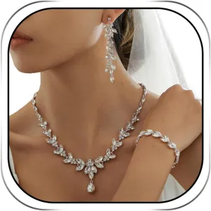 Hadskiss Bridal Wedding Jewelry Set for Women/Brides/Bridesmaids Crystal Jewelry Set for Wedding Prom Party Bridal Crystal Necklace Earrings Bracelet Set