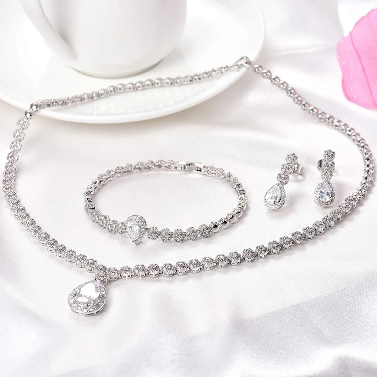 Hadskiss Jewelry Set for Women, Necklace Dangle Earrings Bracelet Set with White AAA Cubic Zirconia, Allergy Free Wedding Party Jewelry for Bridal Bridesmaid
