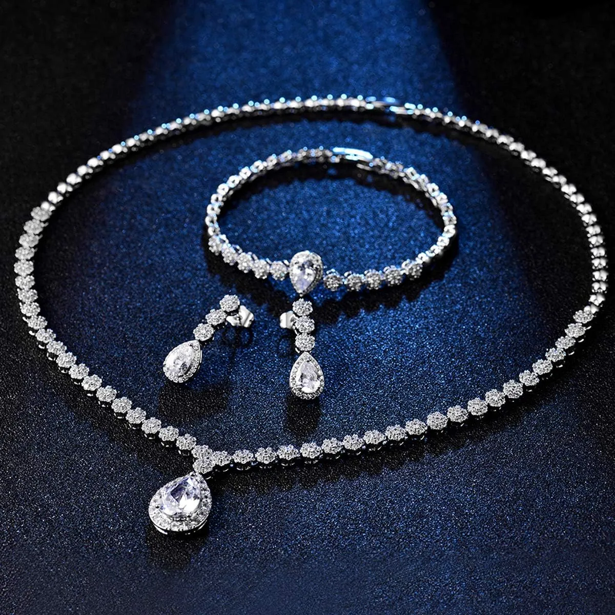 Hadskiss Jewelry Set for Women, Necklace Dangle Earrings Bracelet Set with White AAA Cubic Zirconia, Allergy Free Wedding Party Jewelry for Bridal Bridesmaid