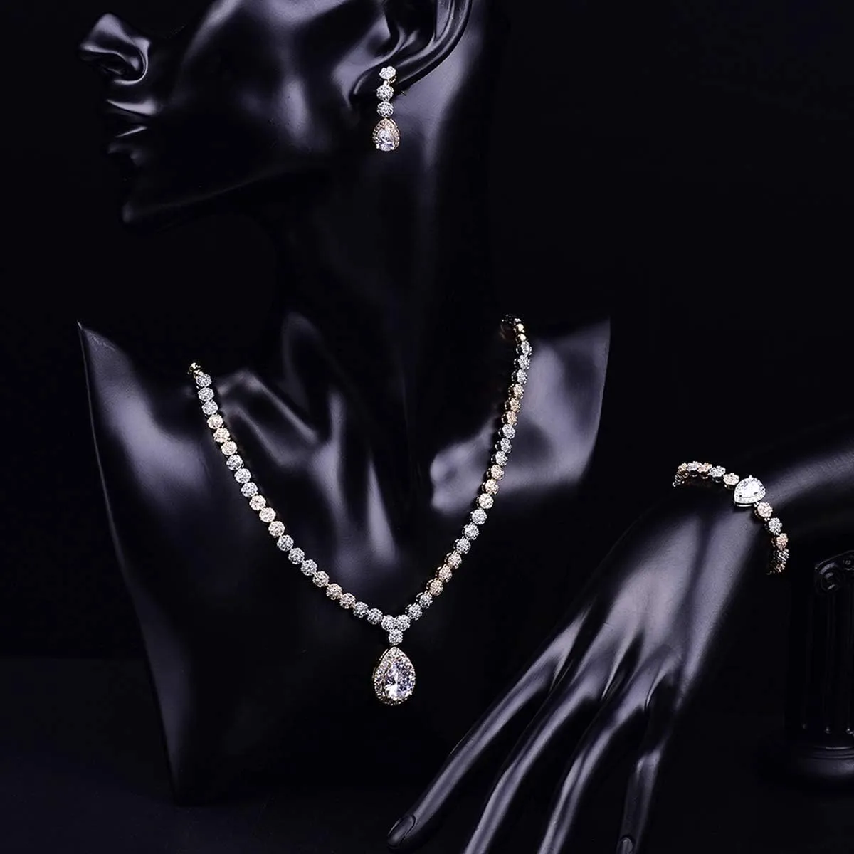 Hadskiss Jewelry Set for Women, Necklace Dangle Earrings Bracelet Set with White AAA Cubic Zirconia, Allergy Free Wedding Party Jewelry for Bridal Bridesmaid
