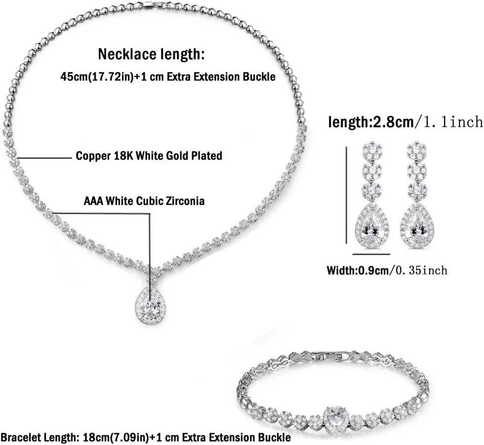 Hadskiss Jewelry Set for Women, Necklace Dangle Earrings Bracelet Set with White AAA Cubic Zirconia, Allergy Free Wedding Party Jewelry for Bridal Bridesmaid