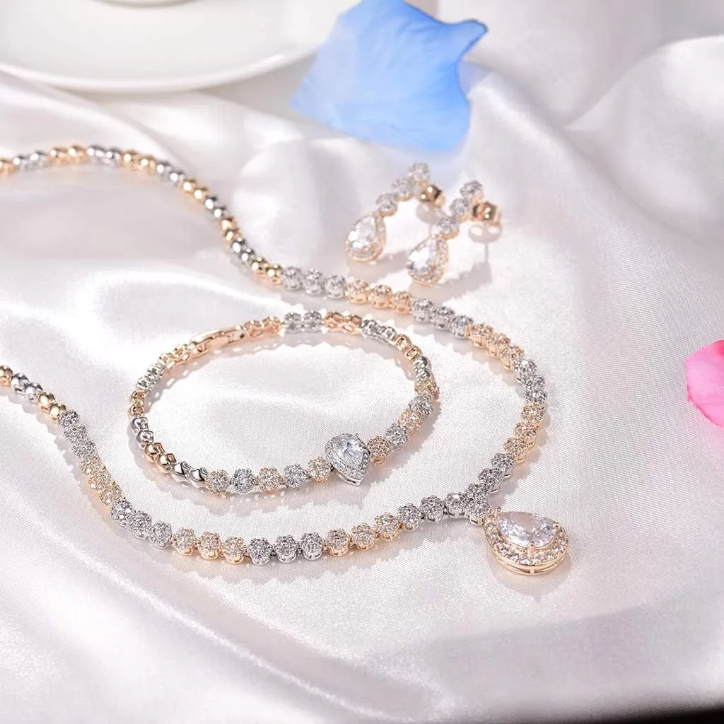 Hadskiss Jewelry Set for Women, Necklace Dangle Earrings Bracelet Set with White AAA Cubic Zirconia, Allergy Free Wedding Party Jewelry for Bridal Bridesmaid