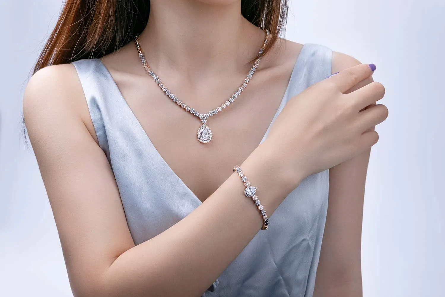 Hadskiss Jewelry Set for Women, Necklace Dangle Earrings Bracelet Set with White AAA Cubic Zirconia, Allergy Free Wedding Party Jewelry for Bridal Bridesmaid