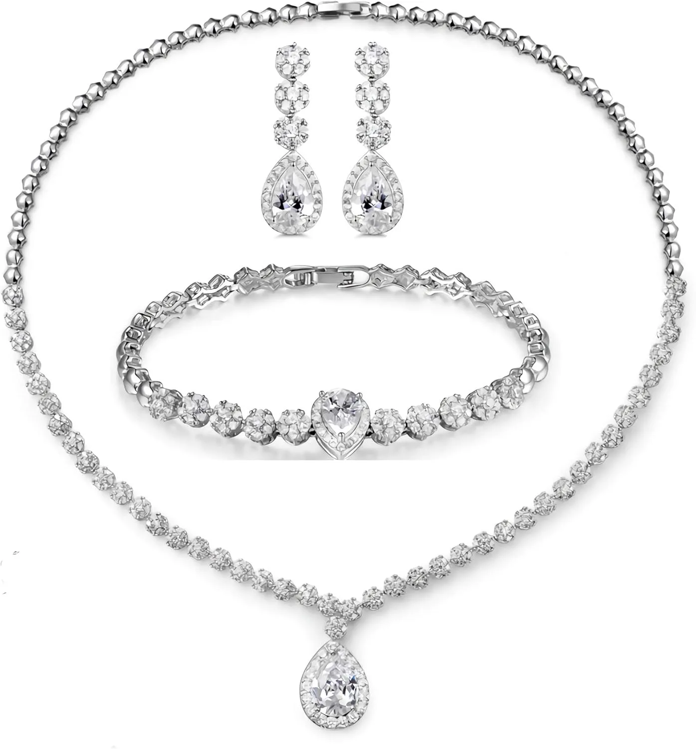 Hadskiss Jewelry Set for Women, Necklace Dangle Earrings Bracelet Set with White AAA Cubic Zirconia, Allergy Free Wedding Party Jewelry for Bridal Bridesmaid