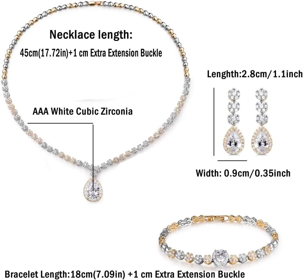 Hadskiss Jewelry Set for Women, Necklace Dangle Earrings Bracelet Set with White AAA Cubic Zirconia, Allergy Free Wedding Party Jewelry for Bridal Bridesmaid